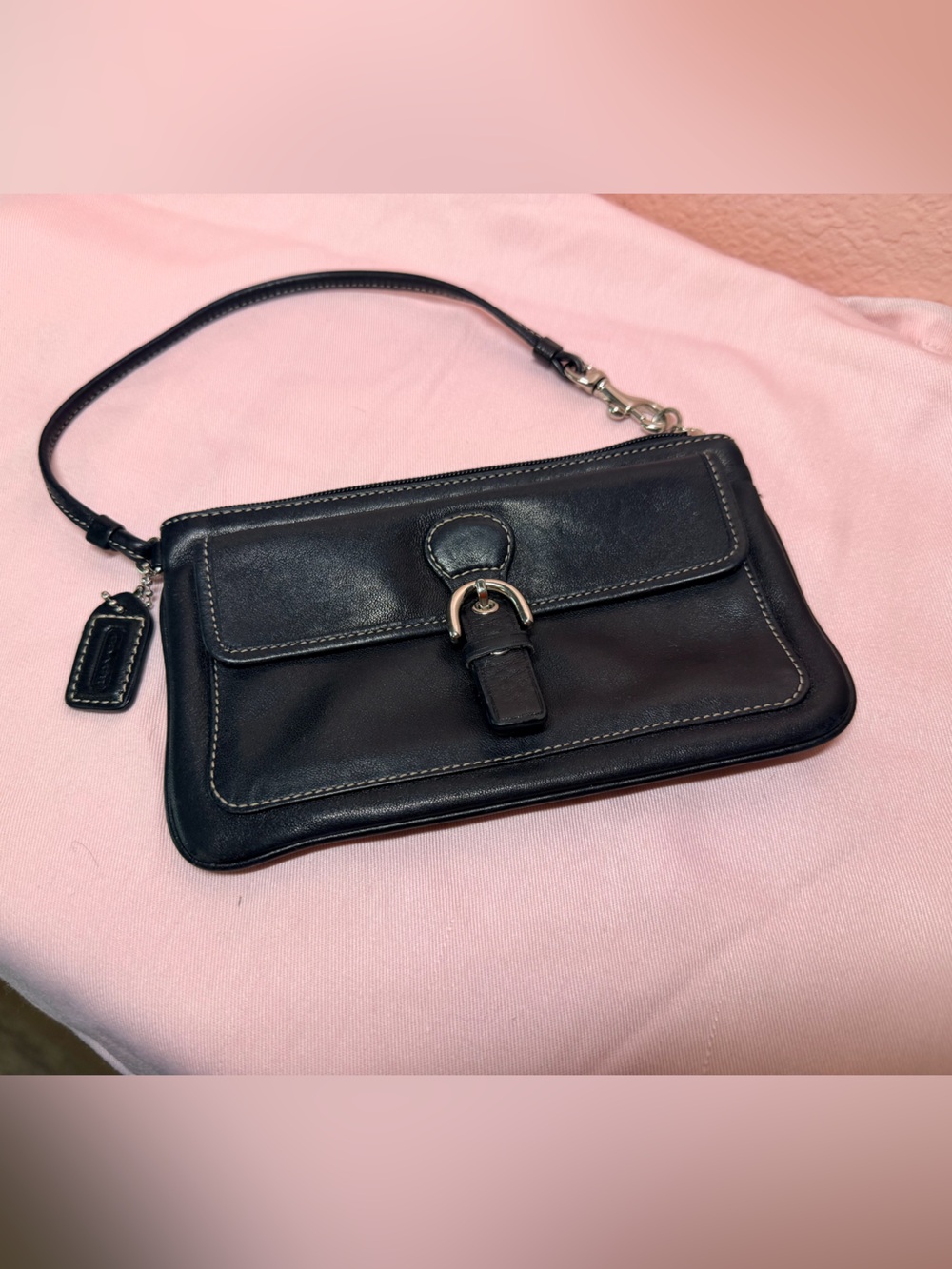 Vintage Coach Soho Black Leather Wristlet with Silver Buckle